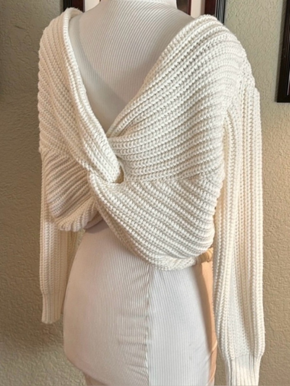 La Hearts Cream Off-Shoulder Twist-Back Sweater